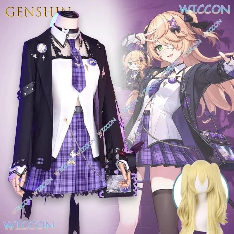 g'7,n\5;e,8\v,5/Anime Game Character Genshin Impact Cafe Dress Fischl Cosplay Outfit Gothic Lolita Costume Gloves Stocf;4'v.7/n\