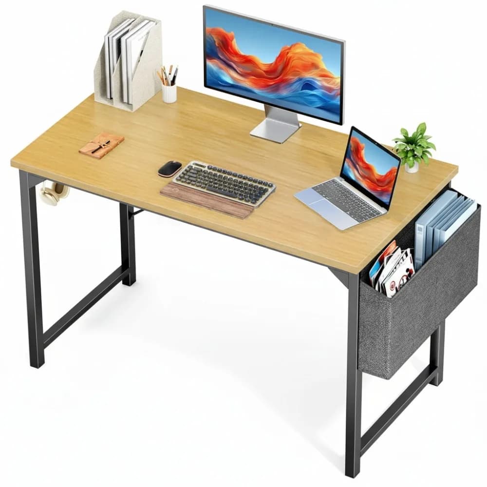 Scrivania per computer compatta da 47 pollici per piccoli spazi, tavolo da gioco e studio con custodia e gancio per cuffie, finitura moderna in rovere