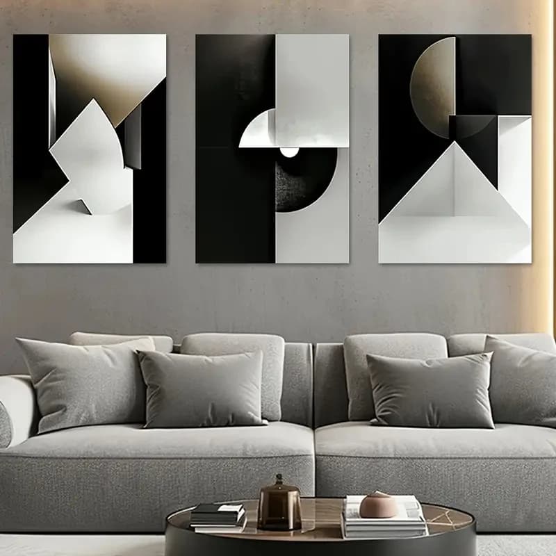 Set di 3 Poster su Tela Senza Cornice, Arte Moderna in Bianco e Nero, Blocchi Geometrici, Decorazione Murale per Camera da Letto, Soggiorno, Corridoio