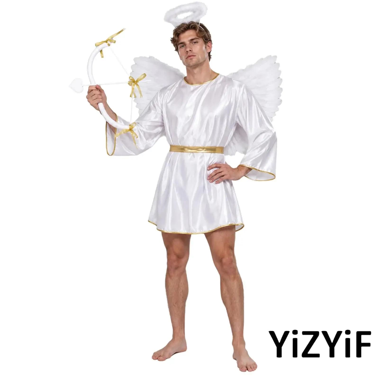 Men Angel Dress Up Costume Gold Trim Round Neck Batwing Sleeve Robe with Feather Wings Headwear Bow Arrow for Halloween Party