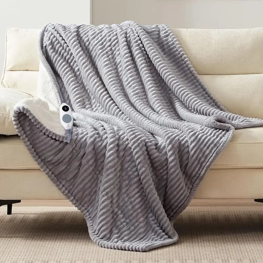 Sherpa Electric Throw Blanket with 6 Heat Settings, Auto-Off, Fast Heating, ETL Certified, Washable, 50x60, Light Grey