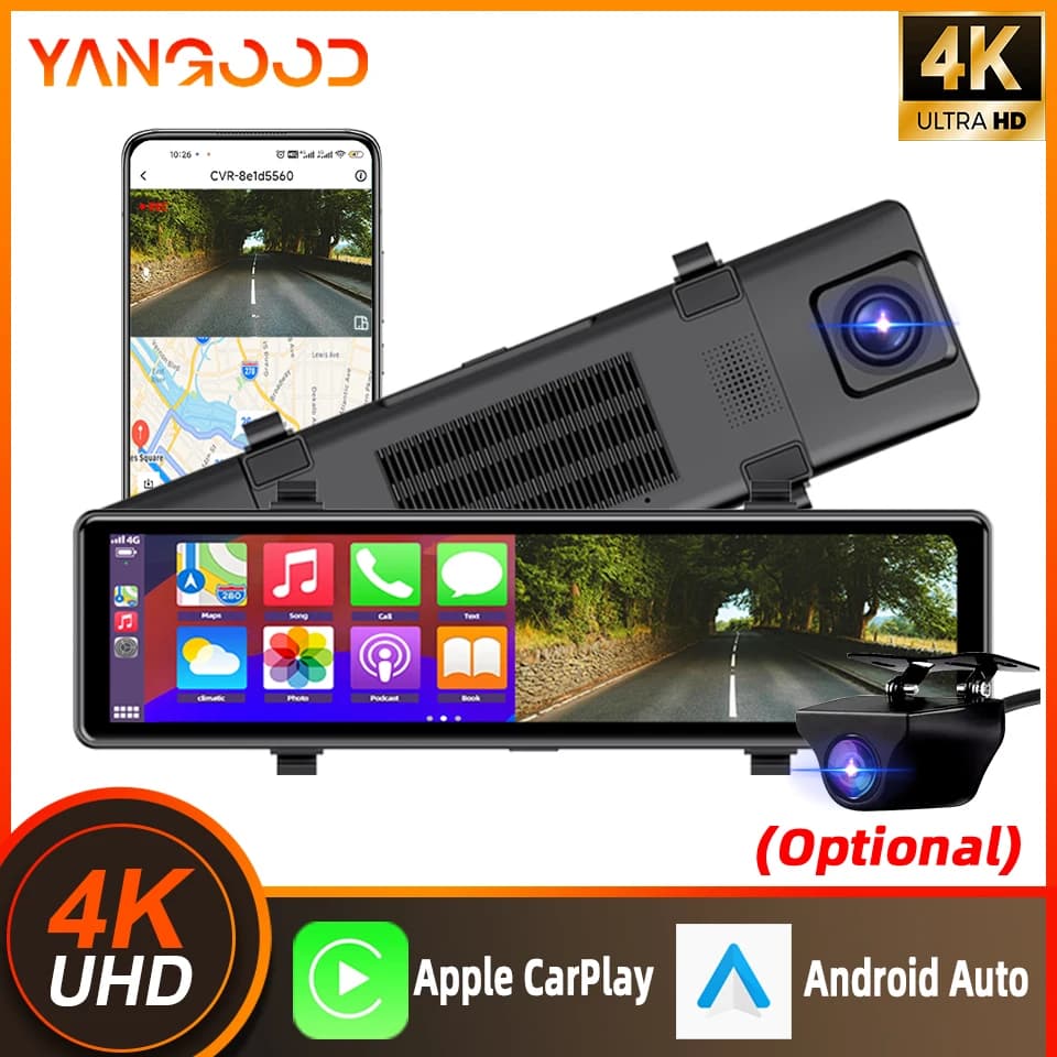 Yangood Dashcam Car 4K Specchietto retrovisore DVR Supporta Wireless Carplay e Android Auto Loop Registrazione 24 ore su 24 Monitoraggio del parcheggio Dash Cam