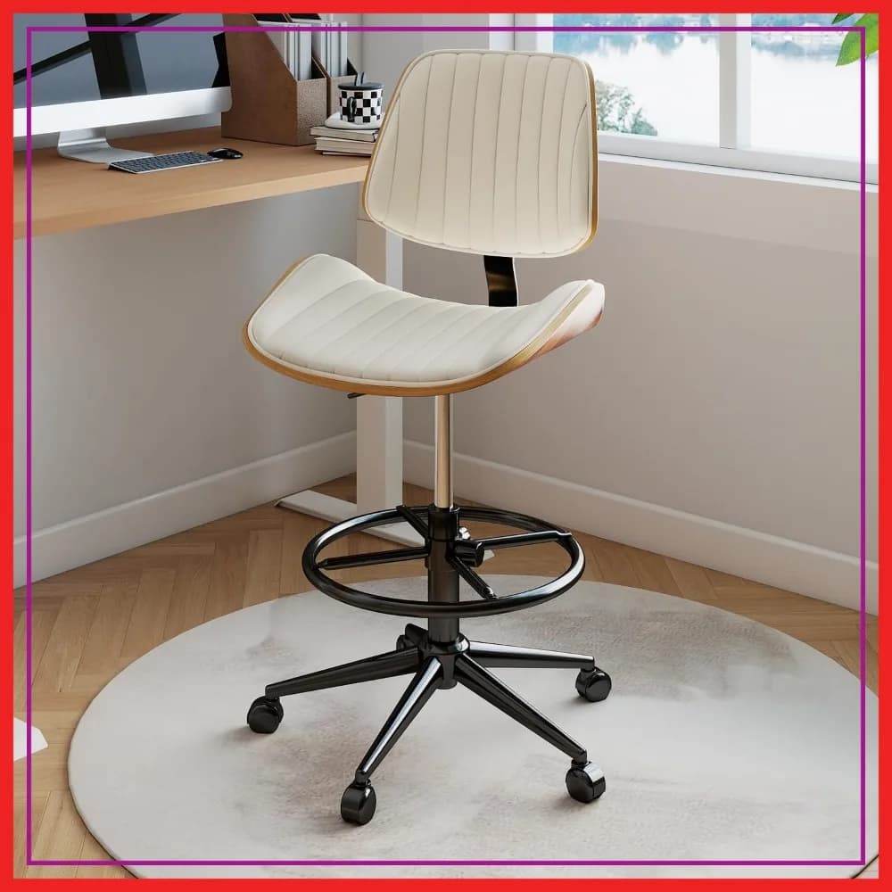 Sedia da Disegno Ergonomica con Schienale in Legno di Noce, Sedia da Scrivania Senza Braccioli in Pelle PU, Cuscino Spesso Regolabile in Altezza per Ufficio Domestico