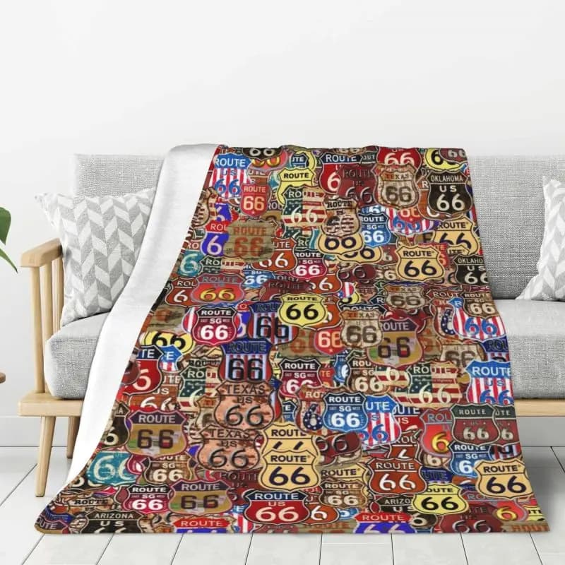 Custom 3D Print Route 66 Signs Blankets Comfortable Soft Flannel Summer USA Highway Throw Blanket for Sofa Car Bed