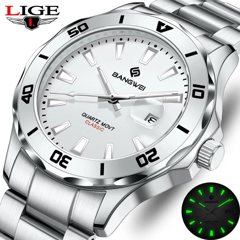 LIGE Orologio da polso da uomo di lusso Business Orologio da uomo al quarzo con data in acciaio inossidabile Orologio da uomo con data luminosa impermeabile Orologio + scatola
