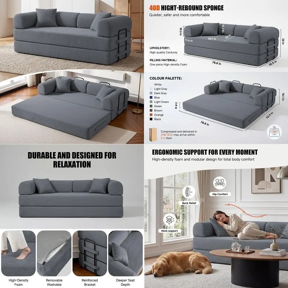 Sleeper Sofa Bed with FixedShape Frame,2 Pillows, 5in1 DIY Corduroy Couch Loveseat for Small Space, King Size Floor Sleeper Fol
