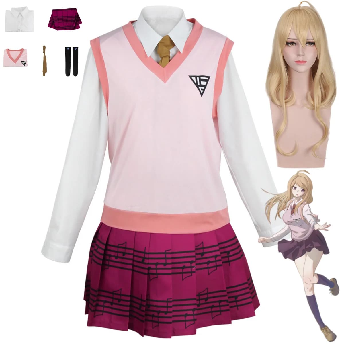 Gioco Anime Kaede Akamatsu Costume Cosplay Stile coreano Rosa Uniforme scolastica Gilet Parrucca a quadretti Donna Vestito da festa di carnevale sexy