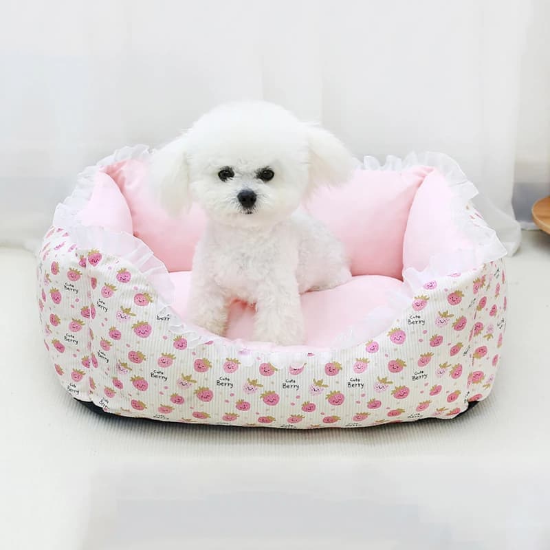 Winter bed for dogs washable detachable for small and medium sized dogs - Comfortable mattress for pets with interior furniture for pets with pink volant