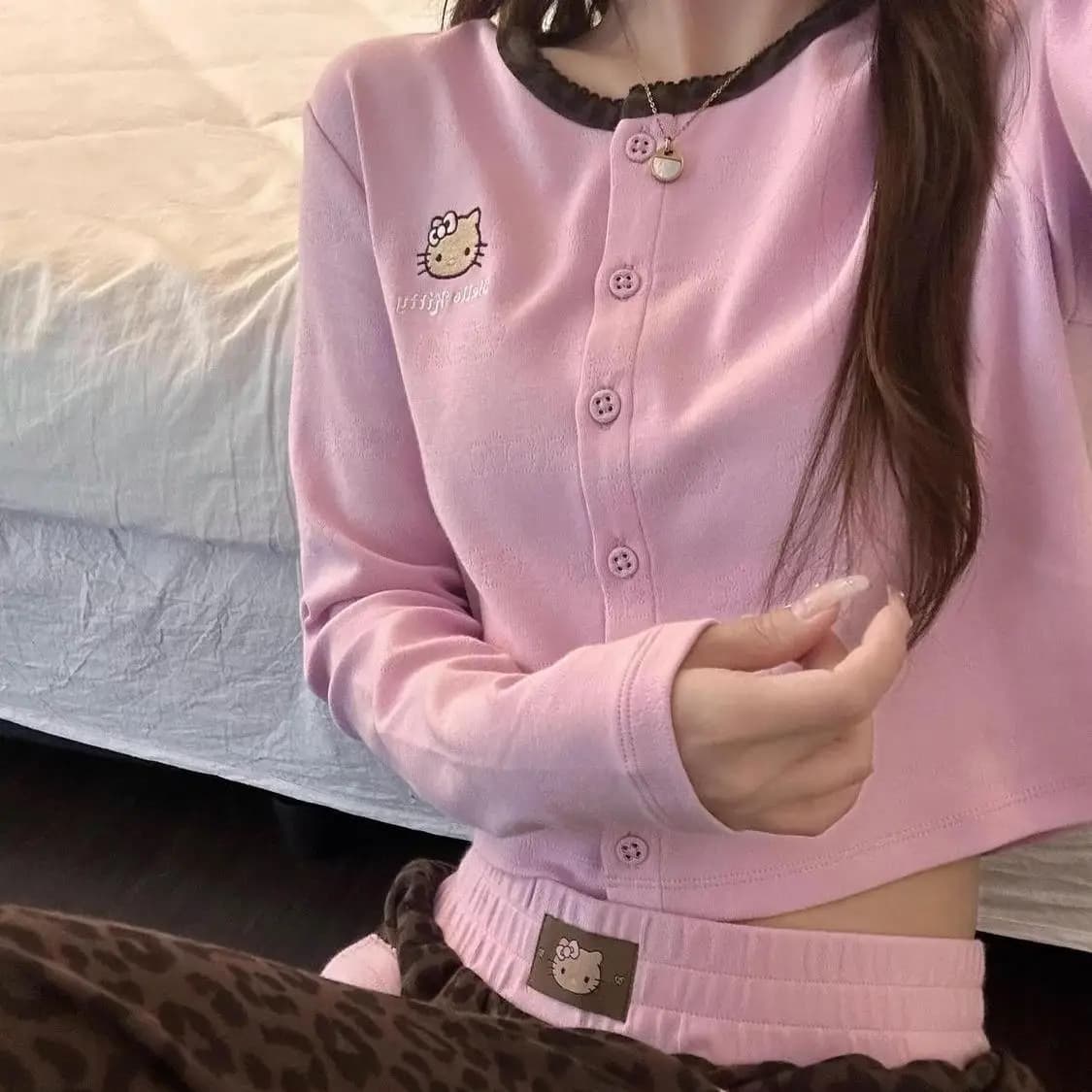 Women's hooded pajamas set, floral print, zipper, homewear, autumn winter, nightwear, fleece, cozy, Hello Kitty Kawai