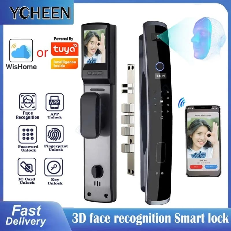Riconoscimento facciale 3D Impronta digitale Smart Lock App Tuya o Wishome App Wifi Key Card Nfc Codice Rfid Serratura per porta con mortasa 6068