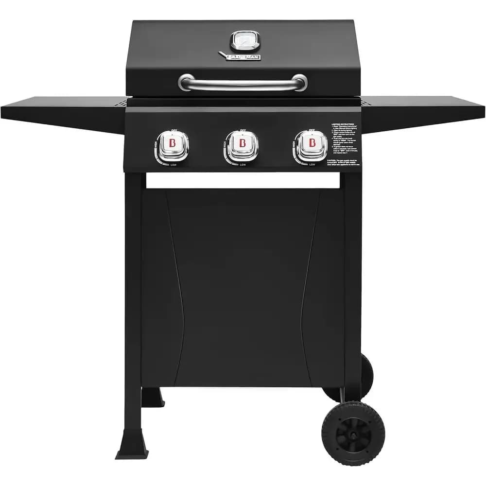 Griglia a Gas Propano a 3 Bruciatori, 27.000 BBQ Grill con Griglie in Porcellana Smaltata, Termometro Integrato, Ripiani Laterali, Ruote Resistenti