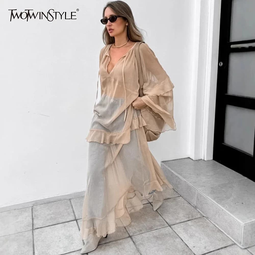 TWOTWINSTYLE Abiti larghi in maglia impiombata solida per le donne Scollo a V Manica lunga Vita alta Abito casual allentato Donna Nuovo