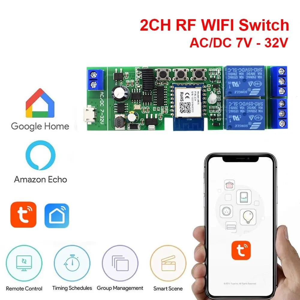 Smart Switch Tuya Smart Life 2 CH RF 12V 24V 7-32V AC DC Wifi Switch works with Alexa Google Home