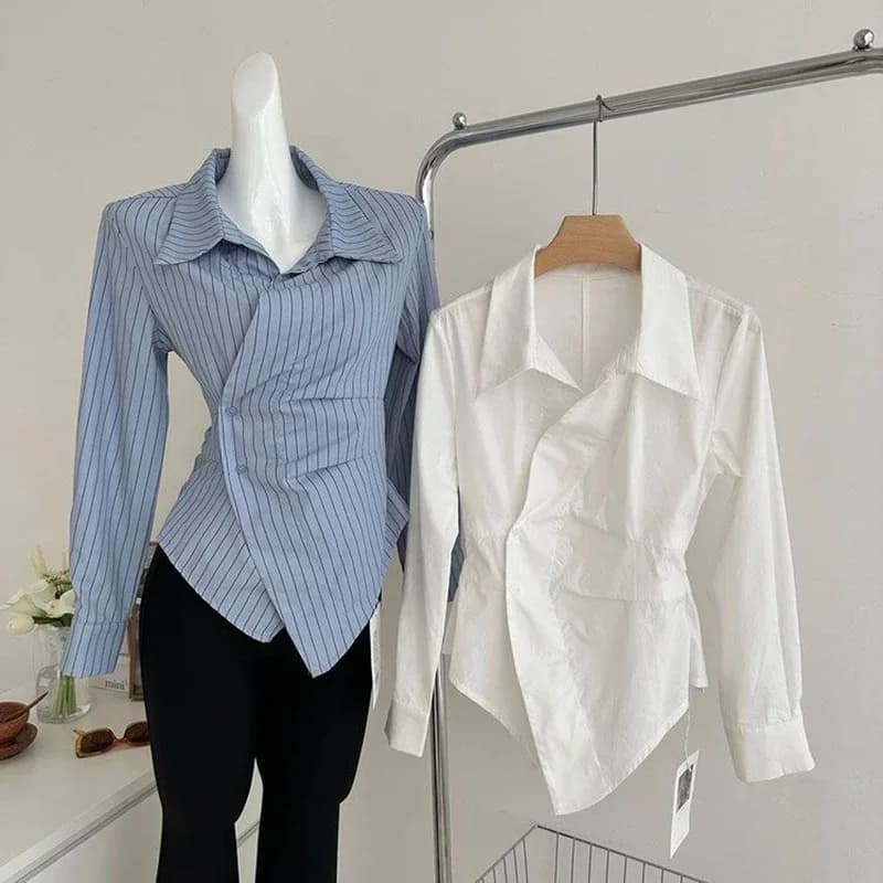Camicie a Righe Blu Stile Coreano per Donne, Design con Vita Stretta, Camicetta a Maniche Lunghe, Camicia Bianca Primaverile ed Estiva per Donne