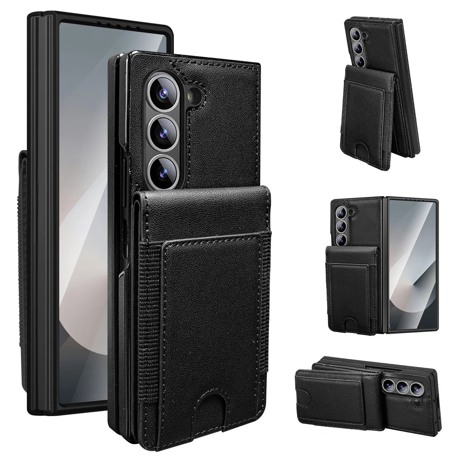 Leather Card Holder Phone Case For Samsung Galaxy Z Fold 4 5 6 7 With Screen Protector Foldable Kickstand Drop protection Cover