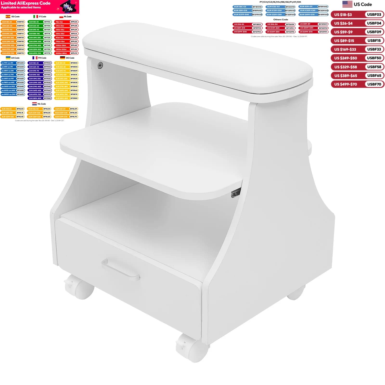 Poggiapiedi a 3 livelli Sgabello per manicure Carrello per pedicure Carrello per pediluvio con 4 rotelle per negozi di saloni di bellezza 50 kg Bianco/Nero/Rosa