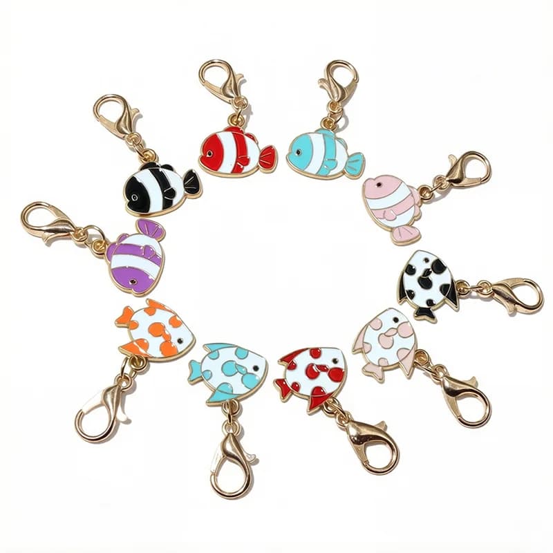 10pcs with Lobster Clasp Enamel Fish Charms Pendant Keychain Necklace Bracelet DIY Jewelry Making Accessories Findings