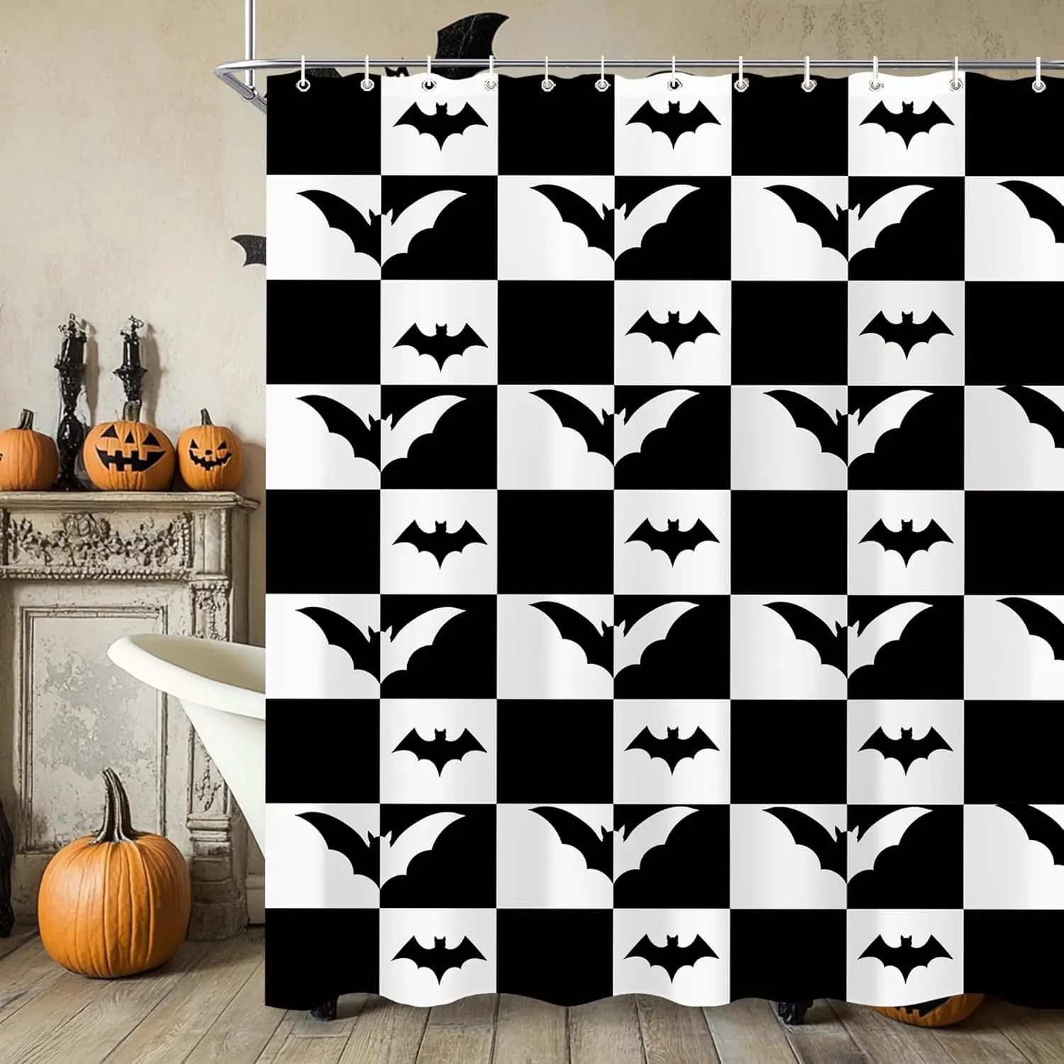 Decorazione per tenda da bagno per festival di festa con griglia per tenda da doccia a pipistrello a scacchi bianco nero di Halloween