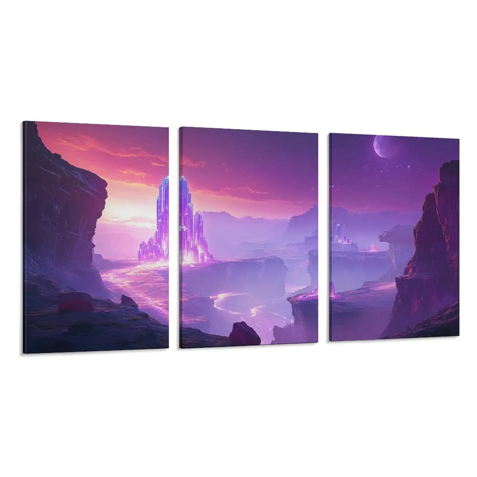 Set of 3 Squares on Framed Canvas, Fantastic Art Sci-Fi with Themes Amethyst Canyon and Alien City, for Bedroom, Studio, Art Gallery, Decoration Fantasy