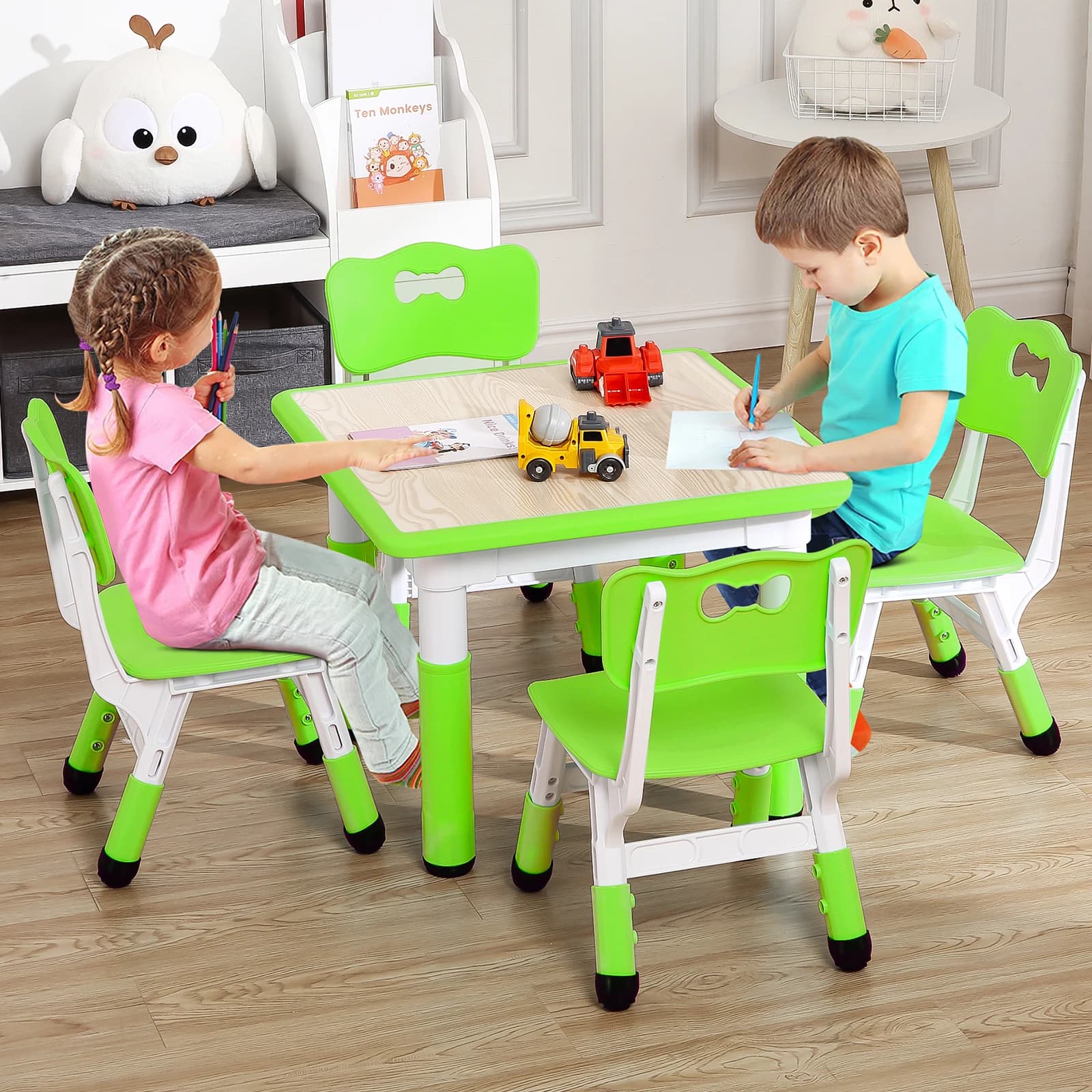 Set Tavolo e 4 Sedie per Bambini, Tavolo e Sedie Regolabili in Altezza, Piano Antigraffio e Gambe Antiscivolo per Aula e Casa