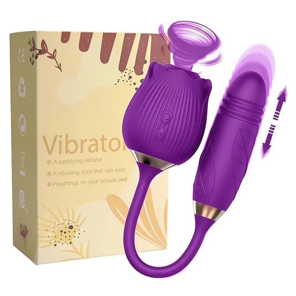Vibratore a Forma di Rosa per Donne, Dildo Telescopico con Funzione di Succhio e Stimolazione Clitoridea, Massaggiatore Vaginale, Giocattoli Sessuali per Adulti
