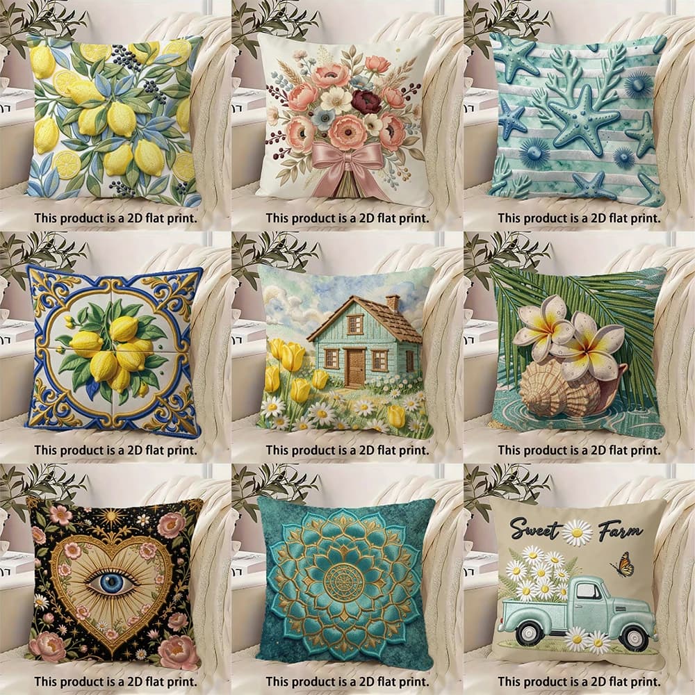 Diverse 2D Flat-Printed Pillow Covers: Lemons, Flowers, Sea Stars & More! Sofa seat mattress cover, home decoration,