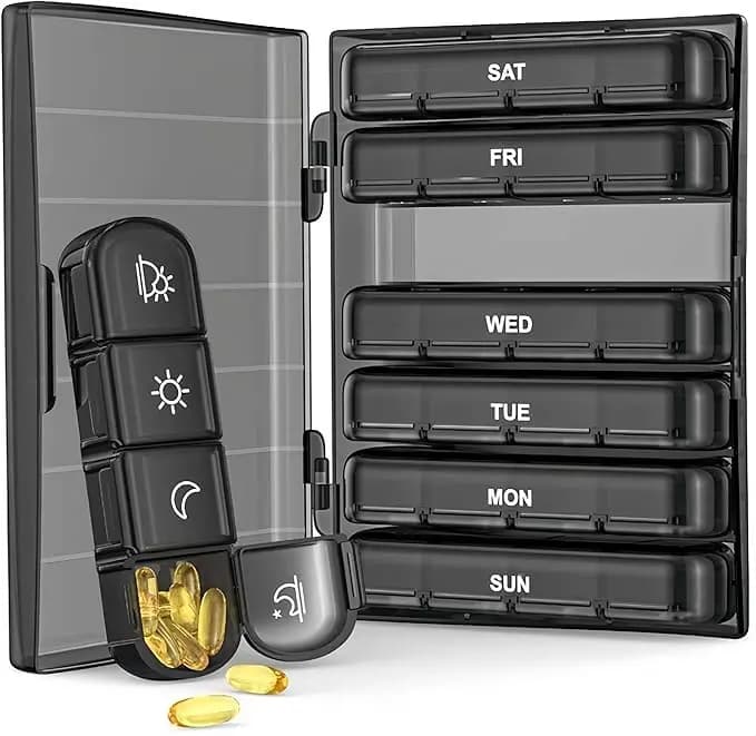 Pill Organizer 4 Times a Day, Portable 7 Day Morning and Night Pill Box , for Medication, Vitamins, Fish Oils, Supplements