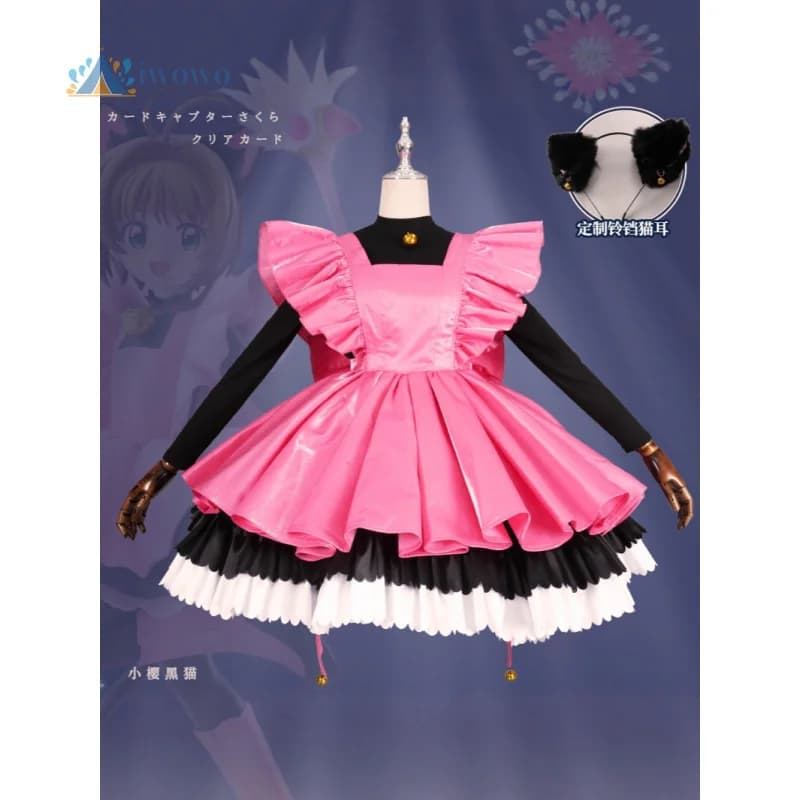 Anime Kinomoto Sakura Costume Cosplay Card Captor Sakura Donna Halloween Carino Nero Rosa Abito Le Orecchie Coda Carnevale Natale