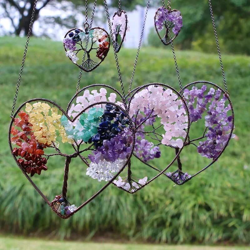 Dreamcatcher Double Heart Tree of Life Hanging Ornament Chakra Feng Shui Gemstones Spiritual Meditation Garden Home Decoration