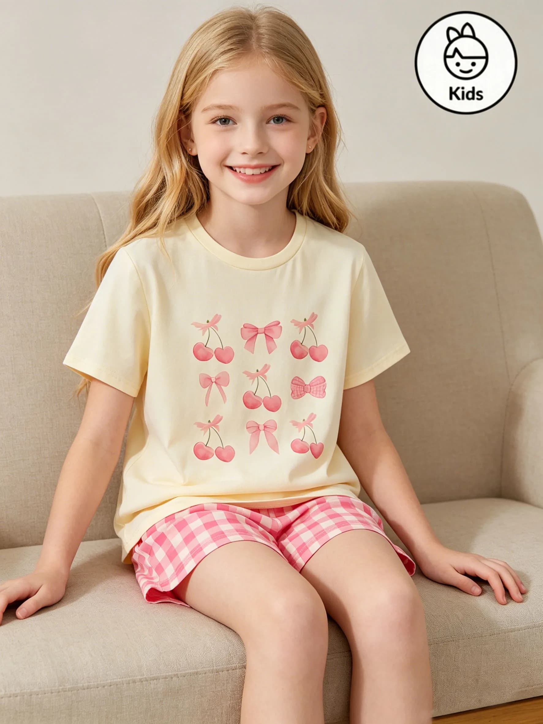 Abbigliamento estivo alla moda per ragazze, top con motivo a fiocco ciliegia per il tempo libero all'aperto, pantaloncini a quadri a maniche corte.