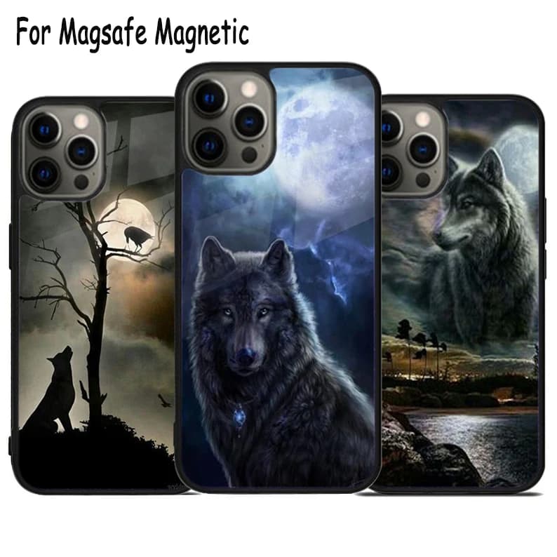 Custodia per telefono con ricarica wireless Moonlight of the Wolf per iPhone 17 Air 15 16 16e 14 13 11 12 Pro Max Plus, Cover Magnetica Magsafe