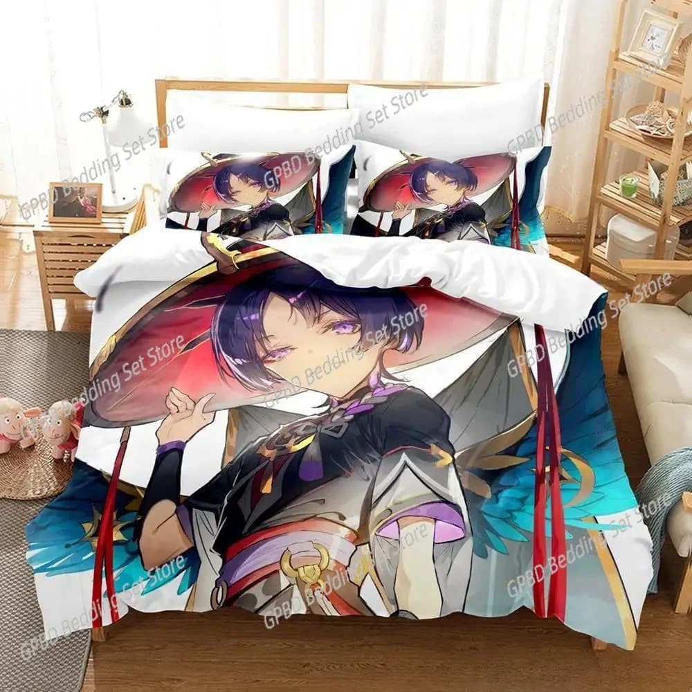 Gioco Anime Genshin Impact Scaramouche Comodo copripiumino Federa Set biancheria da letto Decorazione camera da letto per bambini Tessili per la casa