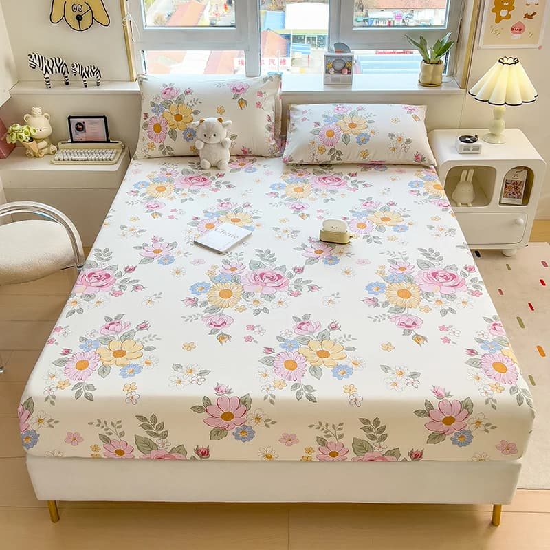 100%Cotton Fitted Bed Sheet Flower Printed Bed Sheet Set Single/Queen/King Pure Cotton Mattress Cover Protector Fitted Sheet