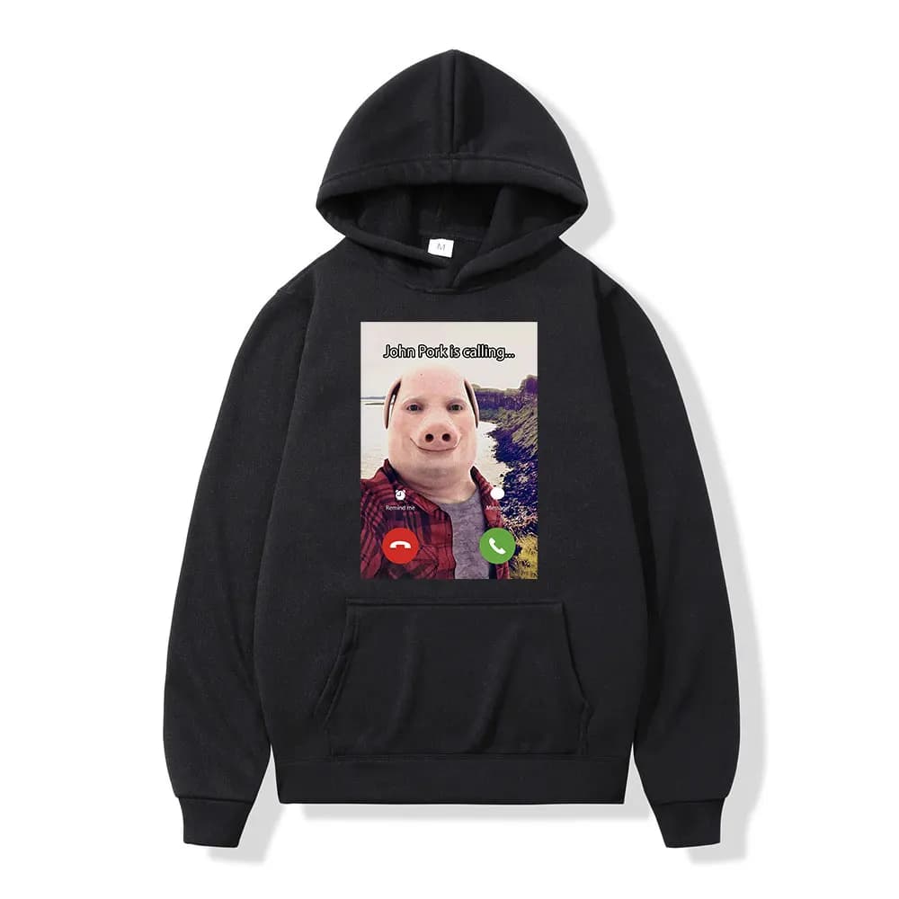John Pork sta chiamando risposta alla chiamata Felpa con cappuccio del telefono Umorismo Divertente maiale Meme Felpe con cappuccio grafiche Felpa da uomo allentata a maniche lunghe alla moda