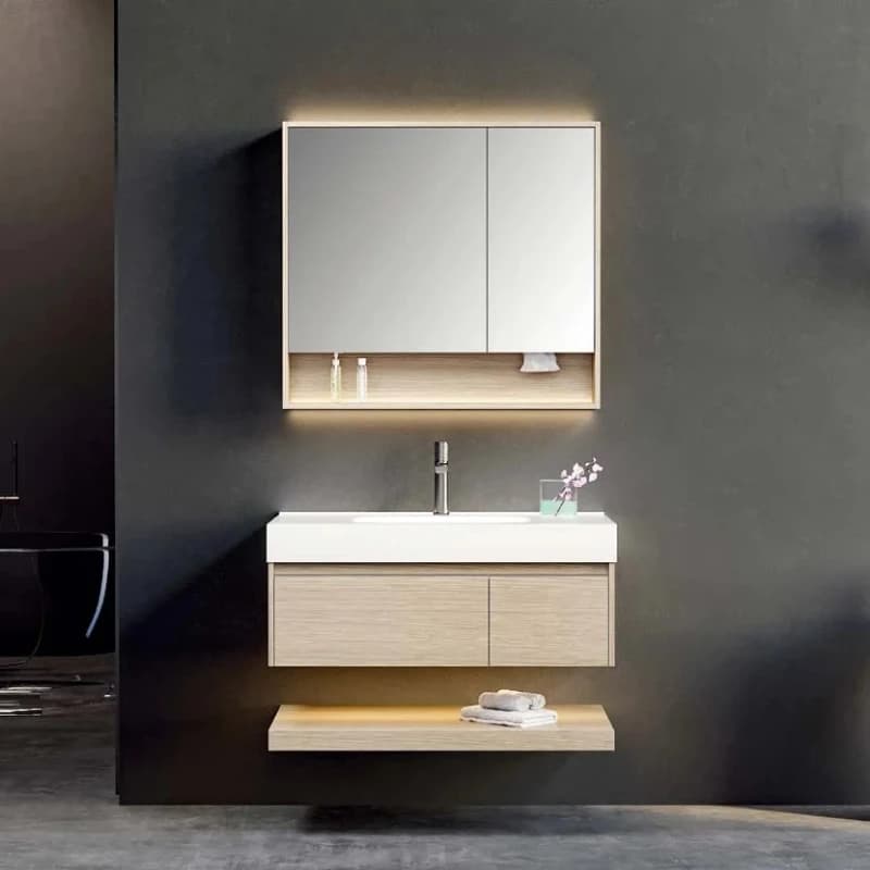 Mobile Bagno Moderno in Legno Massello con Cassetti, Armadietto a Muro con Lavabo e Specchio Intelligente per Hotel