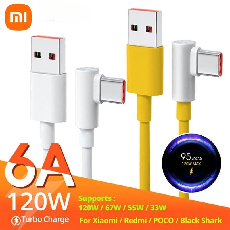 Caricatore super veloce USB originale Xiaomi 120W 6A per Mi 12 11 POCO X5 X4 Pro Redmi Nota 8 9 10 11 Cavo di ricarica tipo C da 90 gradi