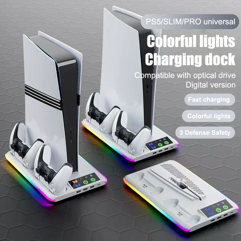 Per PS5 Slim/PS5 Supporto di raffreddamento e stazione di ricarica del controller con gancio per cuffie Luce RGB Ventola di raffreddamento a 3 livelli per PS5