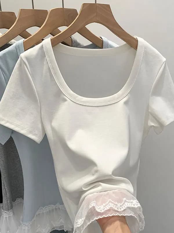 T-shirt da donna Pure Desire Design con scollo a U e maniche corte, in pizzo, nuovo stile estivo, top sexy coreano S
