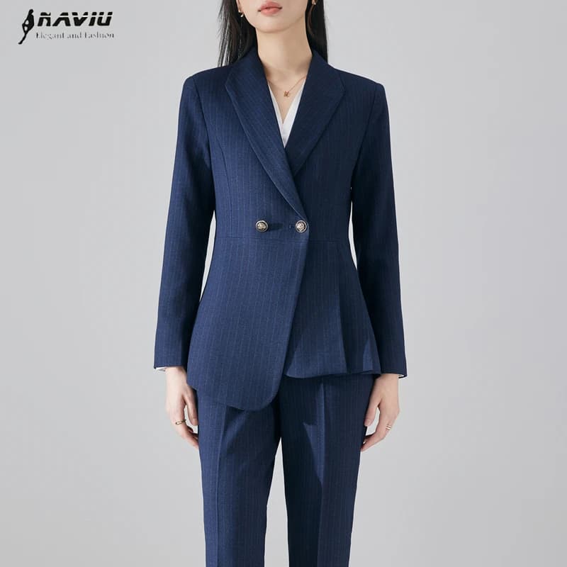 NAVIU Fashion Office Ladies Pant Suit 2 Piece Sets Women Stripes Double Breasted Business Work Wear Blazer And Trouser Female