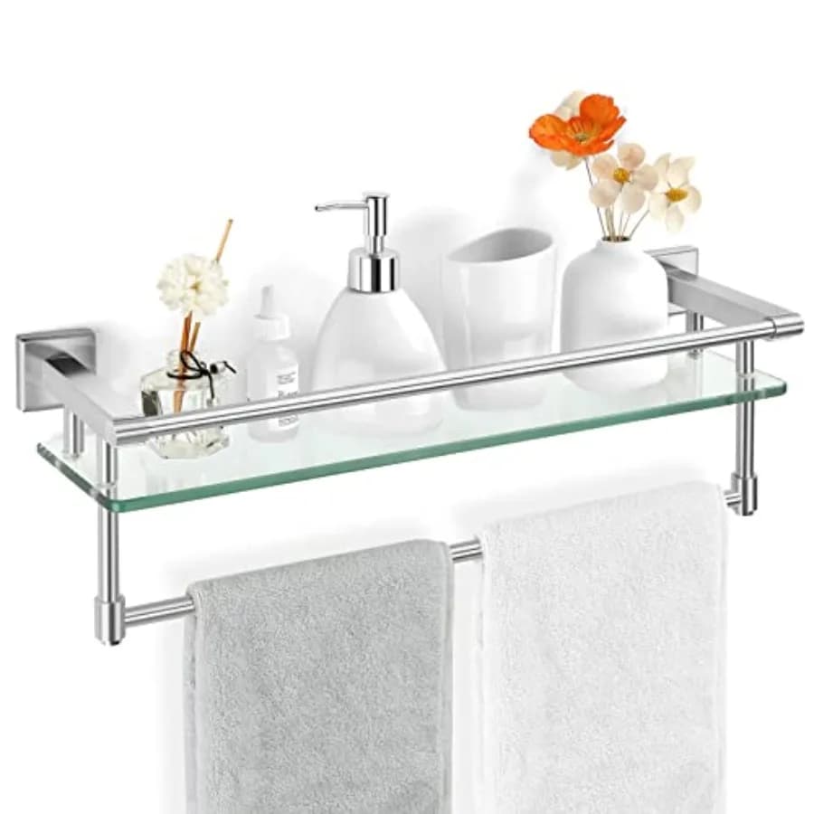 Mensola da Bagno in Vetro con Porta Asciugamani, Barra Porta Asciugamani in Acciaio Inox Temperato/Mensola in Vetro da Parete per il Bagno, Montaggio Sopra il WC