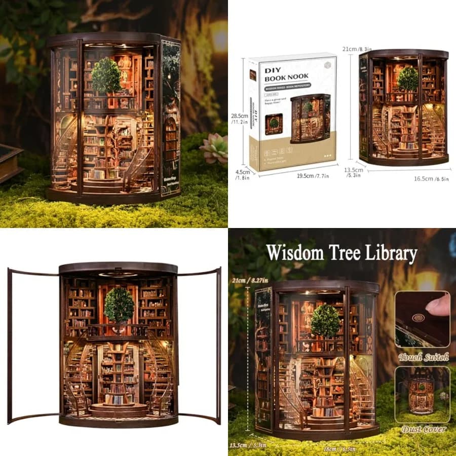 Kit Book Nook, Puzzle 3D in Legno Fai-da-Te con Scala Girevole, Luce LED e Copertura Antipolvere, Fermalibri in Legno Massello Premium, Decorazione Vintage