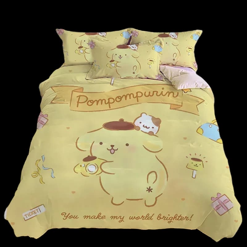 Sanrio cute cartoon pompompurin bed with digital print set of four pieces soft sheet for kids baby headdress set of three pieces for home
