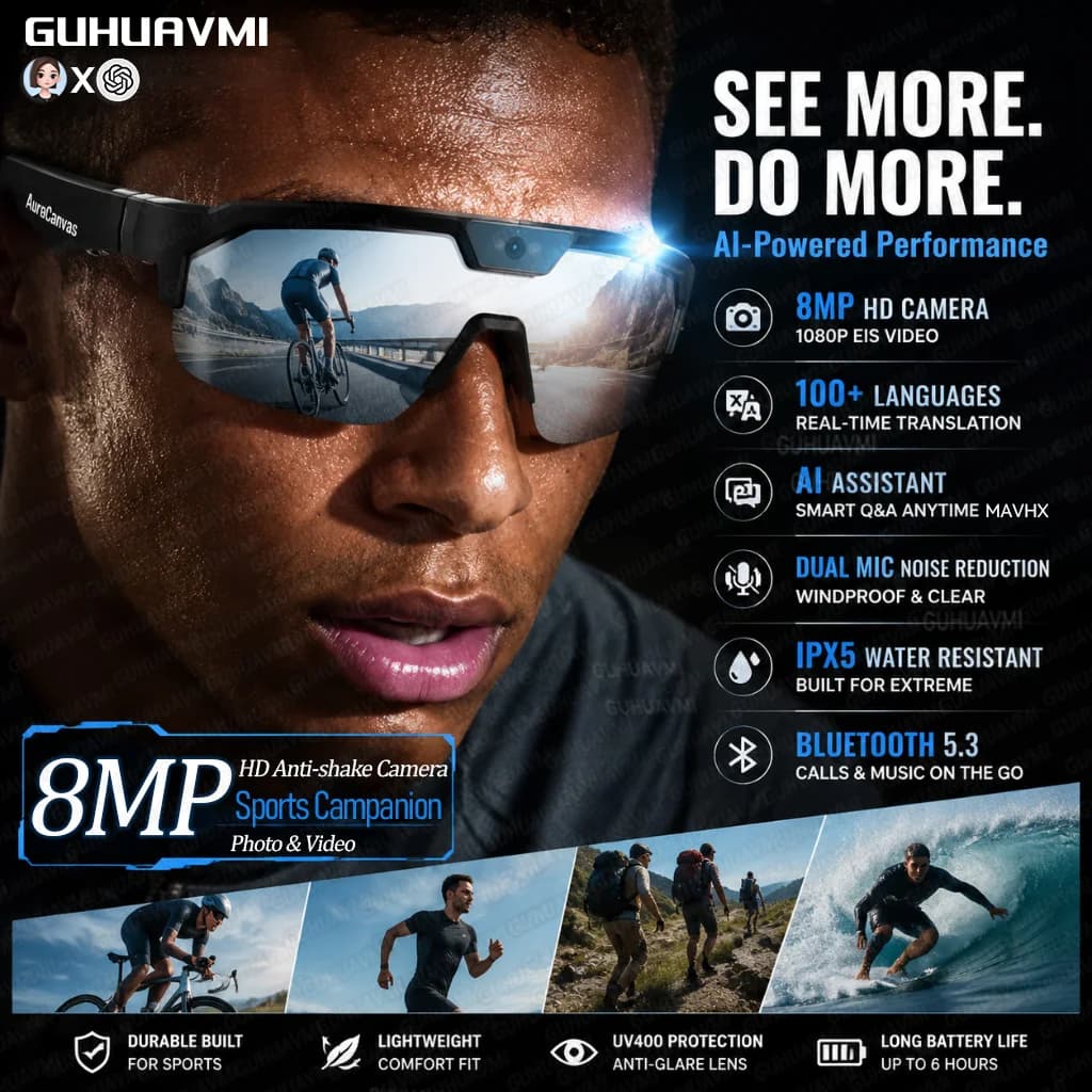 New Smart Glasses with Camera 4K Video Recording UV400 Polarized Voice Assistant & 6-Axis EIS Stabilization Goggles for Cycling