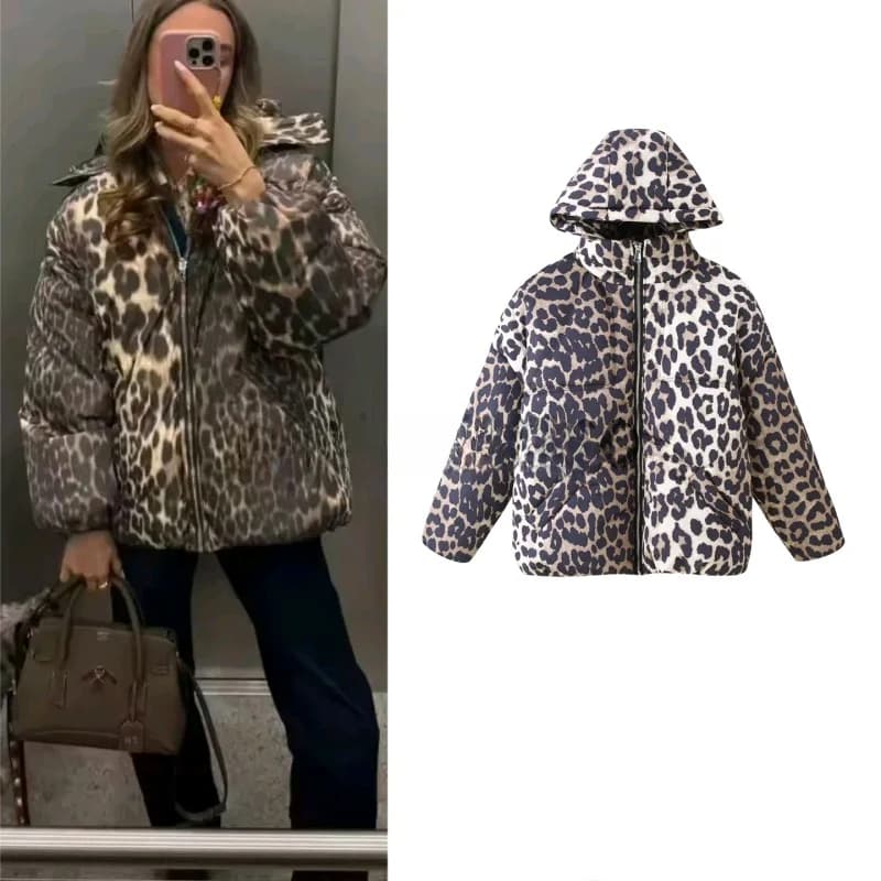 Detachable Hat Zipper Style Long Sleeve Stand Collar Winter New Women's Fashion Short Cotton Coat Leopard Print Ladies Jacket