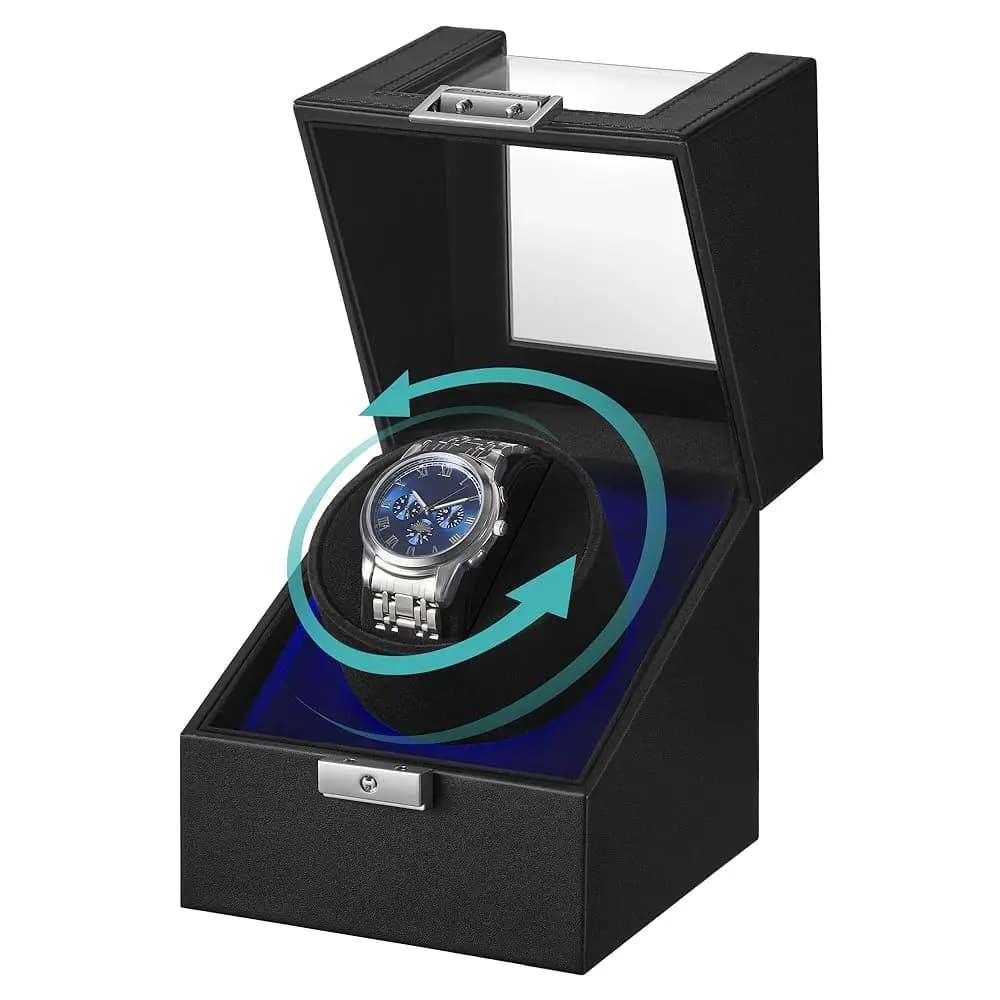 Scatola Avvolgitore Automatico per Orologio Singolo con Motore Silenzioso, per Orologi Automatici, con Luce LED, Cuscino Regolabile, Chiusura di Sicurezza, 4 Funzioni di Avvolgimento