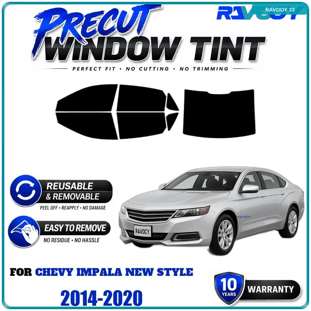 RAVOOY Precut Window Tint, Reusable Removable EPU Film, Custom Fit for Chevy Impala New Style 2014-2020, UV Heat Protection
