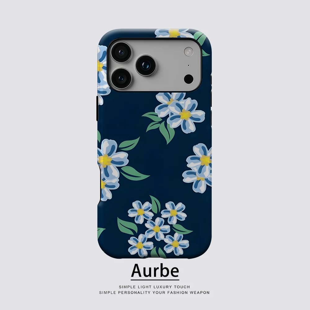 Deep Blue White Florals For Magnetic Phone Case For IPhone 17 16 15 14 13 Pro Max Plus Single Double-Layer Tough Case