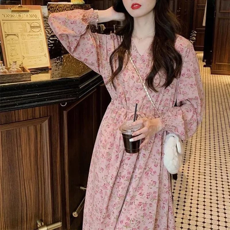 Nuova Gonna Lunga Floreale Rosa in Chiffon Primavera 2025, Modello Dr Beach Vaion, Effetto Snellente, Morbida e Leggera, Stile Tea Break Francese, Vita Alta, Linea A