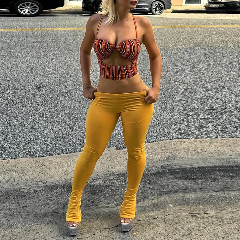 Cross-Border Women's Stripe Print Hollow out Strap Top Pure Color Tight Long Pants Two-Piece Set Casual Sportswear Ensemble