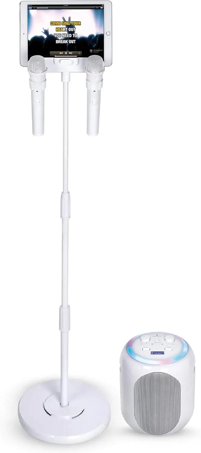 Macchina per Karaoke Portatile con 2 Microfoni Wireless, Bluetooth, Luci LED e Miglioratore di Voce per Divertimento Domestico